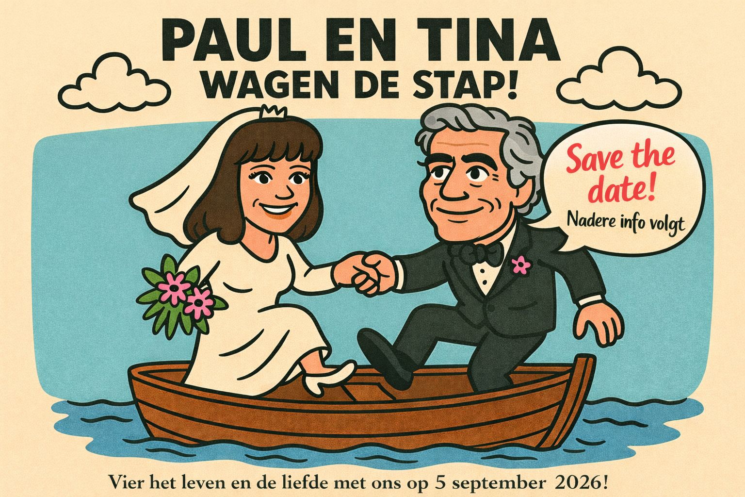 Illustratie van Paul en Tina in een bootje